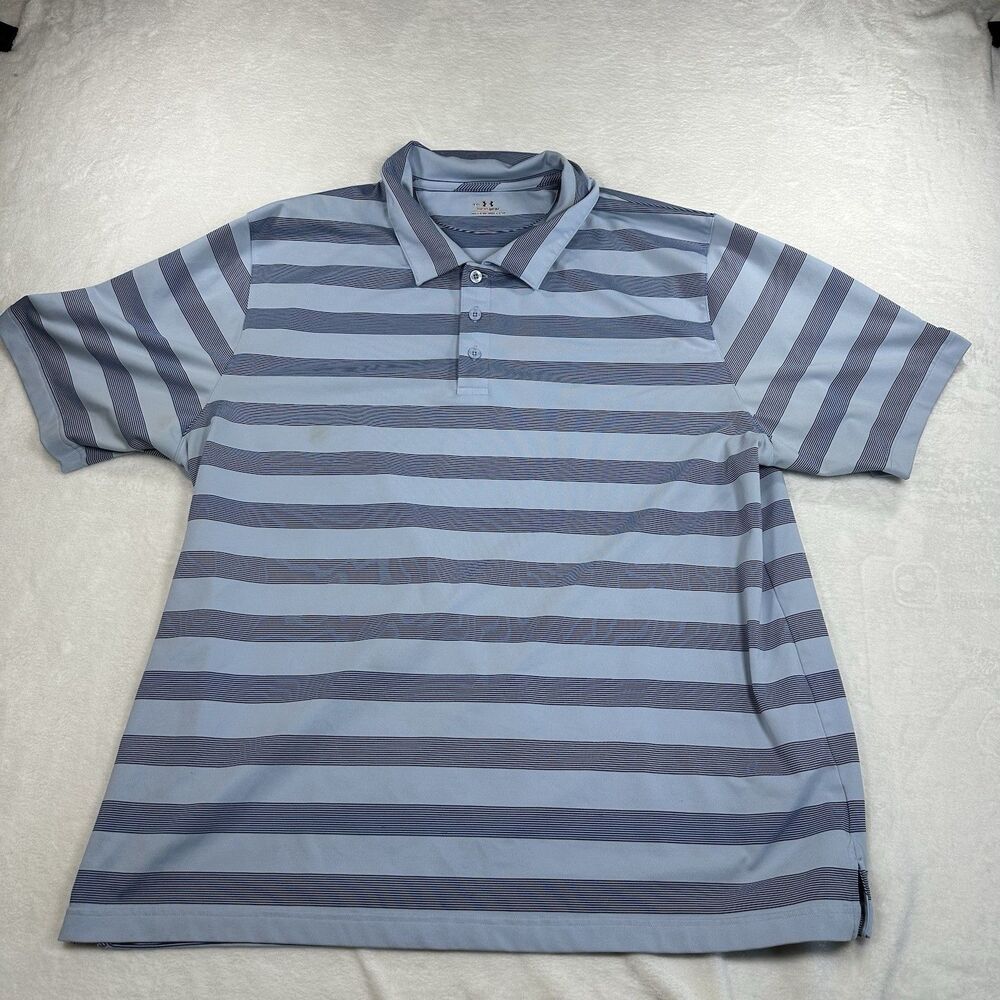 Under Armour HeatGear Polo Shirt Mens XXL‎ Blue Striped Golf Performance Stretch